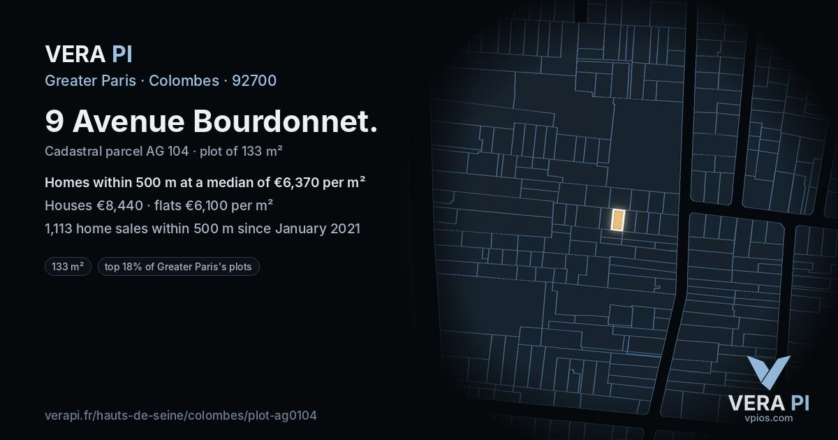 9 Avenue Bourdonnet, Colombes at night – the plot lit, the parcels around coloured by the prices near them