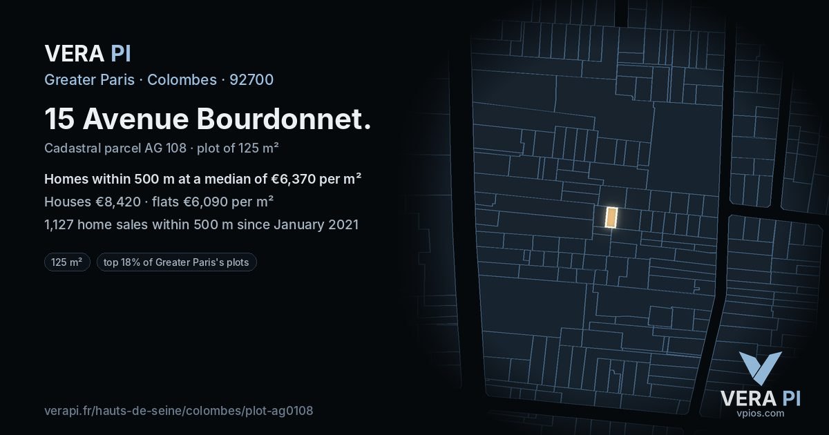 15 Avenue Bourdonnet, Colombes at night – the plot lit, the parcels around coloured by the prices near them