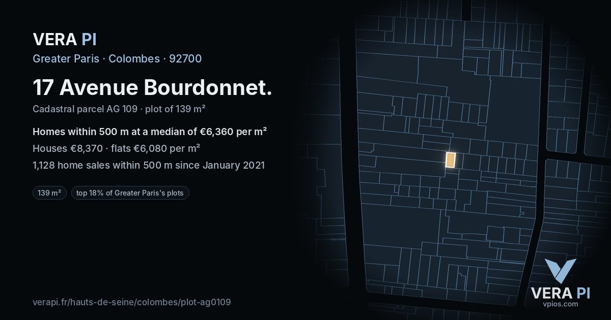 17 Avenue Bourdonnet, Colombes at night – the plot lit, the parcels around coloured by the prices near them