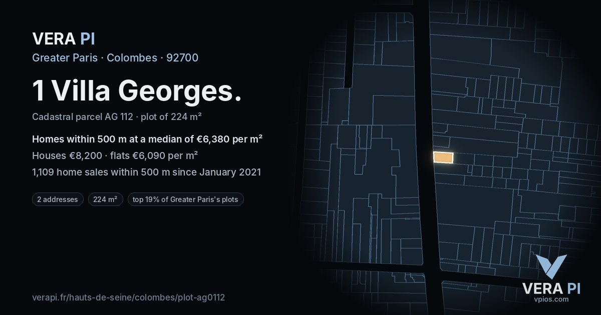 1 Villa Georges, Colombes at night – the plot lit, the parcels around coloured by the prices near them