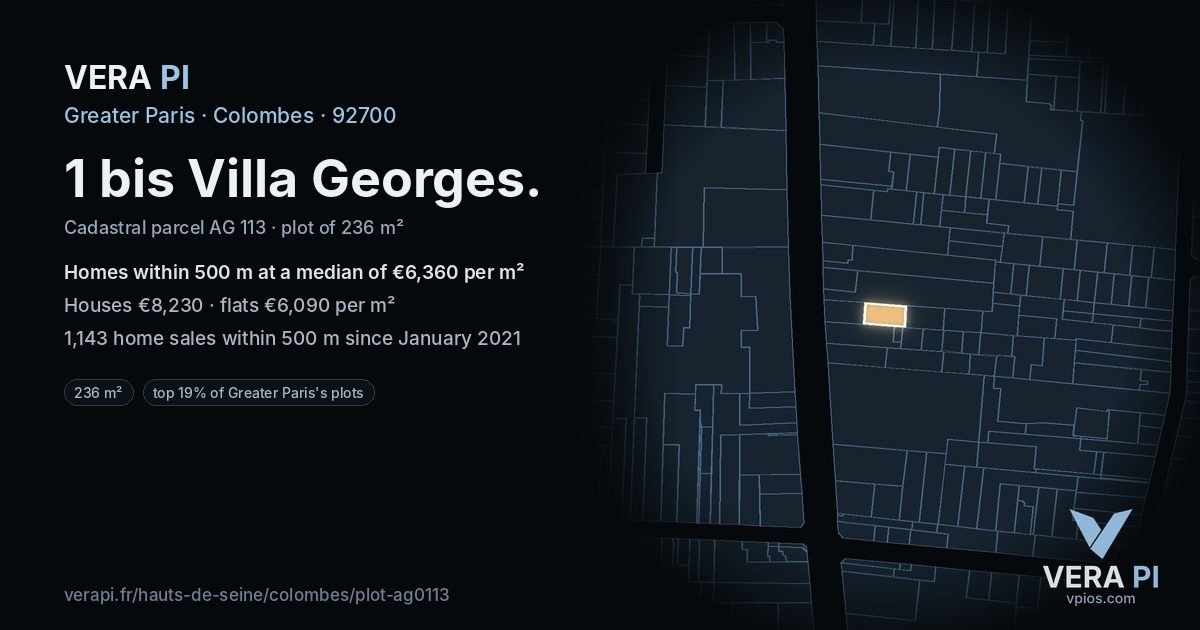 1 bis Villa Georges, Colombes at night – the plot lit, the parcels around coloured by the prices near them