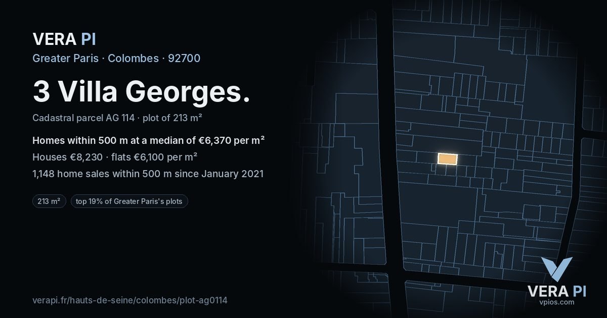 3 Villa Georges, Colombes at night – the plot lit, the parcels around coloured by the prices near them
