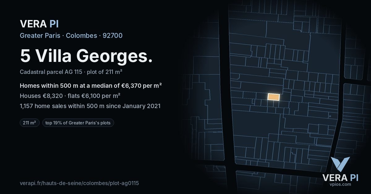 5 Villa Georges, Colombes at night – the plot lit, the parcels around coloured by the prices near them