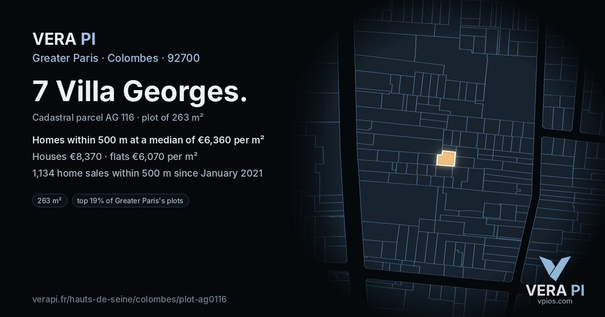 7 Villa Georges, Colombes at night – the plot lit, the parcels around coloured by the prices near them