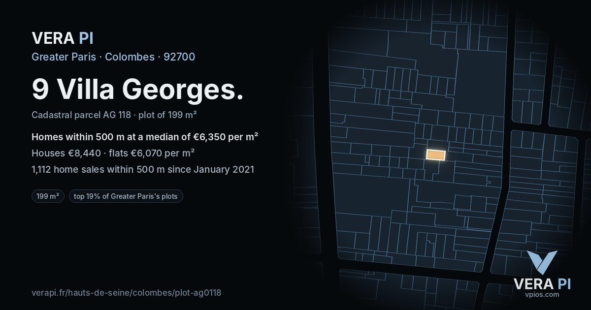9 Villa Georges, Colombes at night – the plot lit, the parcels around coloured by the prices near them