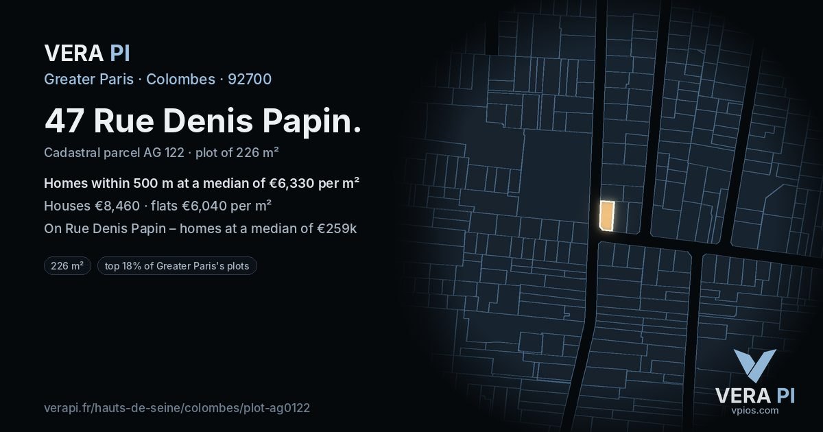 47 Rue Denis Papin, Colombes at night – the plot lit, the parcels around coloured by the prices near them