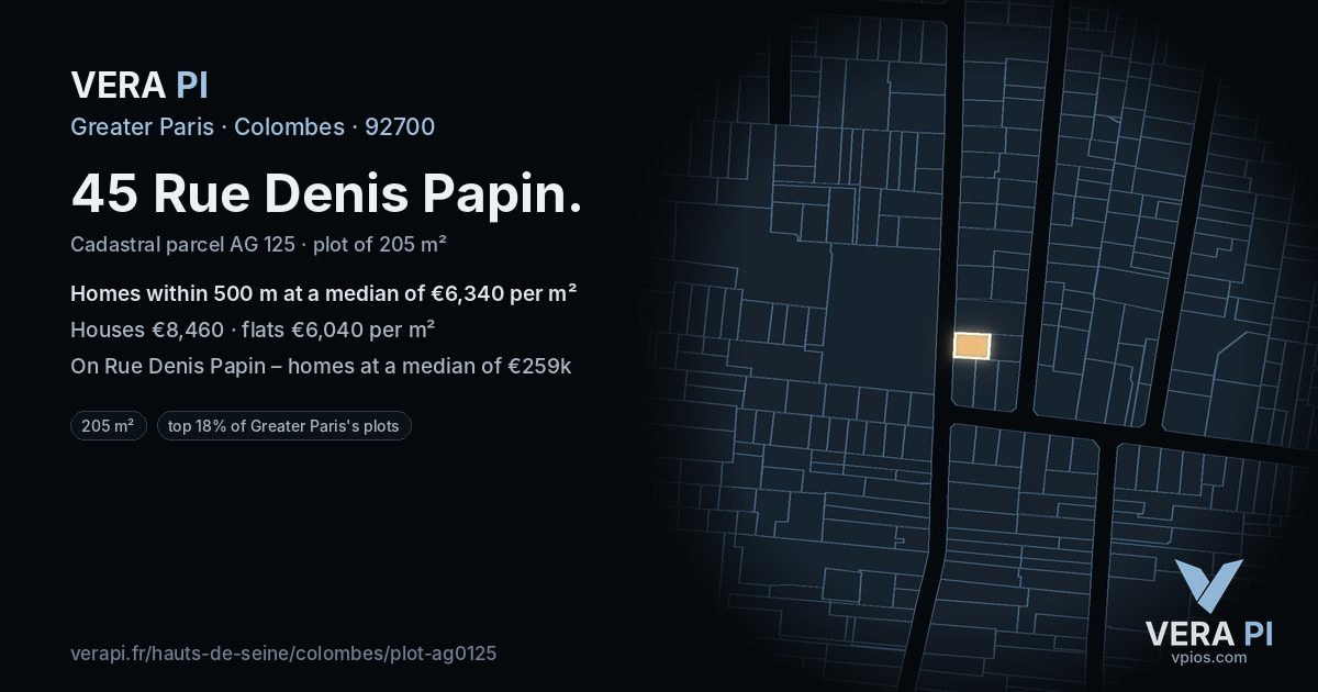 45 Rue Denis Papin, Colombes at night – the plot lit, the parcels around coloured by the prices near them