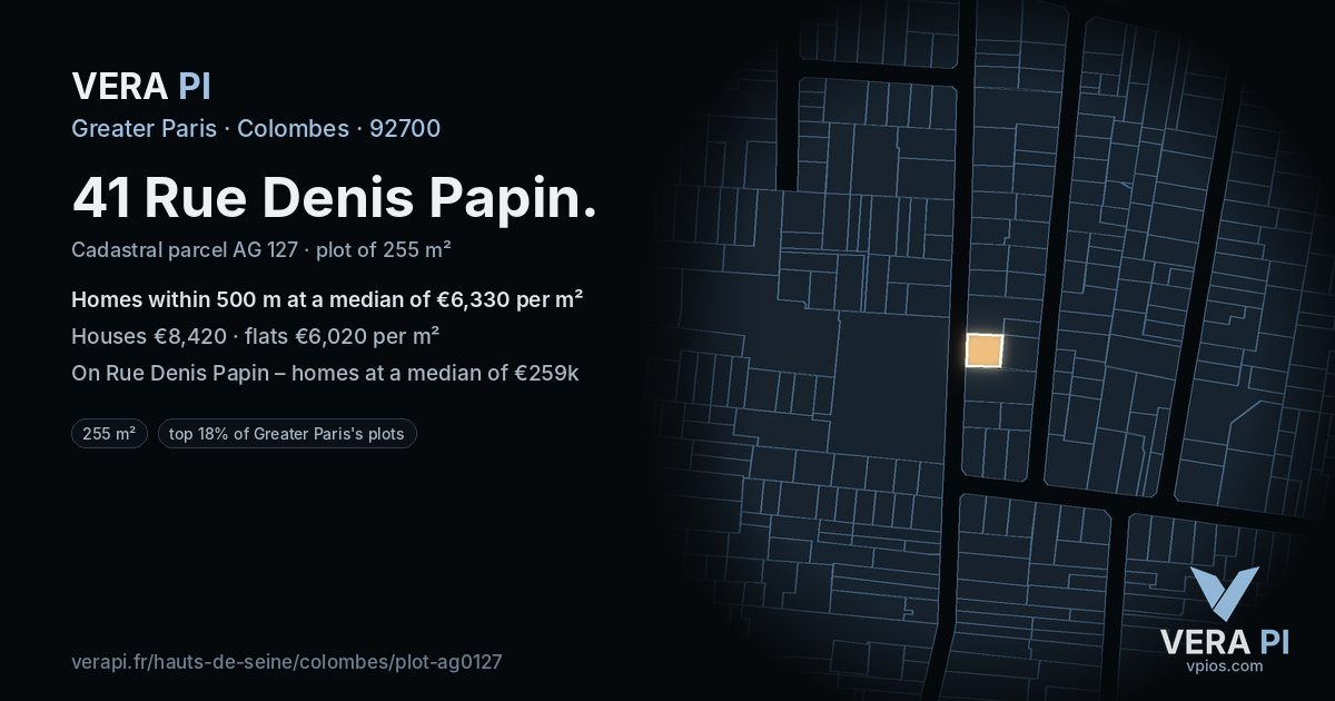 41 Rue Denis Papin, Colombes at night – the plot lit, the parcels around coloured by the prices near them