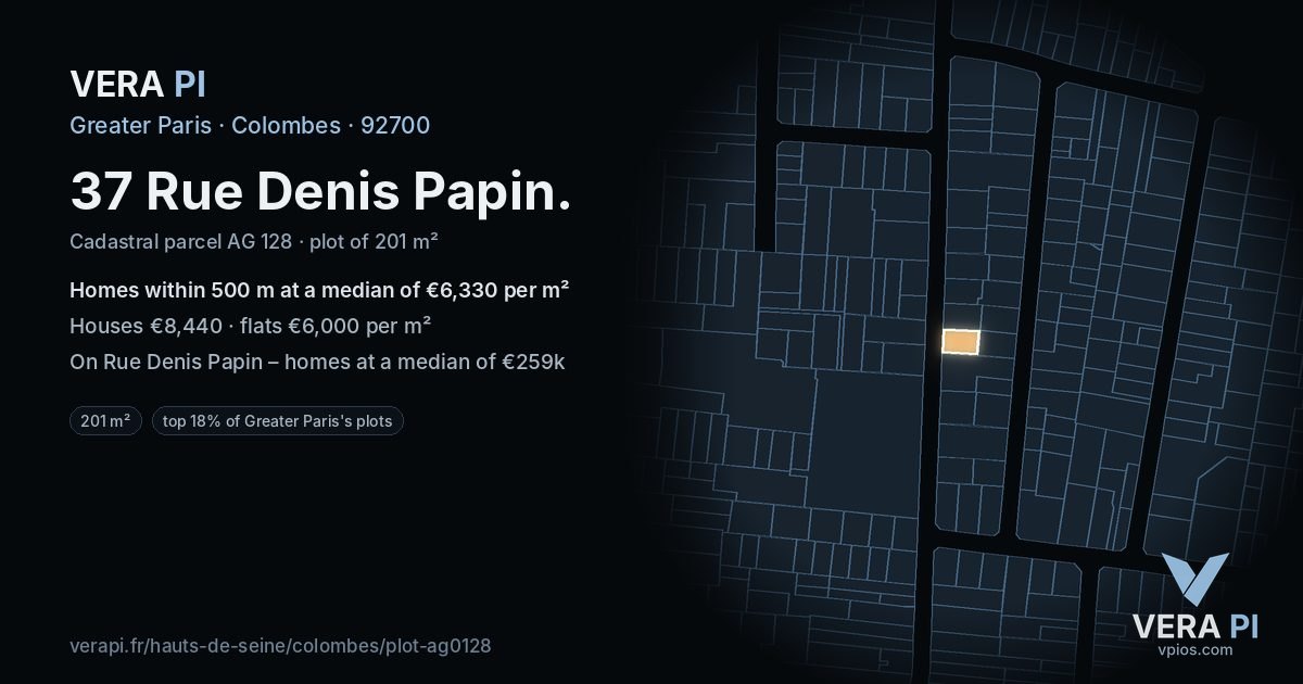 37 Rue Denis Papin, Colombes at night – the plot lit, the parcels around coloured by the prices near them