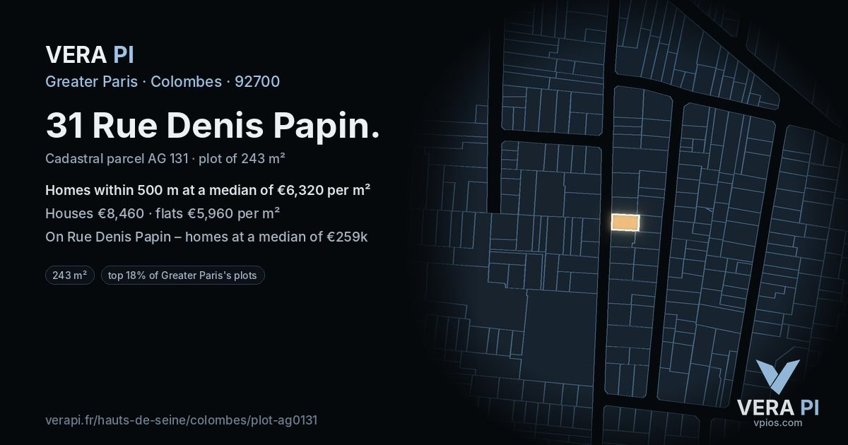 31 Rue Denis Papin, Colombes at night – the plot lit, the parcels around coloured by the prices near them