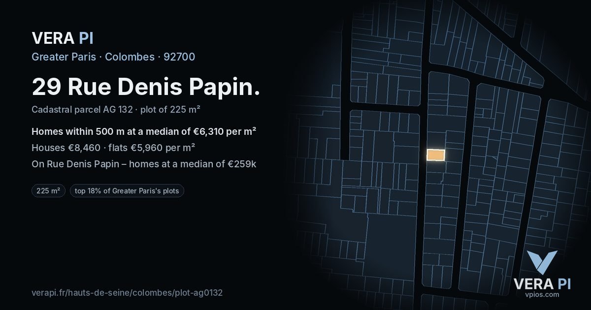 29 Rue Denis Papin, Colombes at night – the plot lit, the parcels around coloured by the prices near them