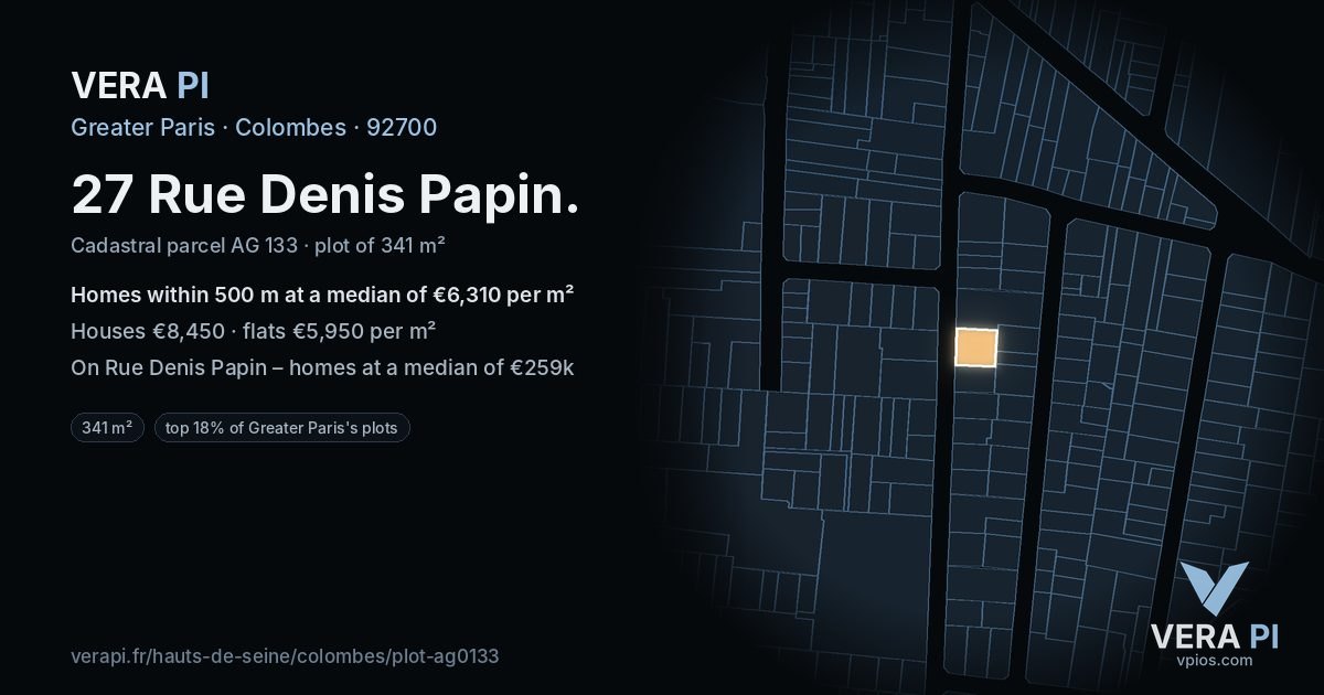 27 Rue Denis Papin, Colombes at night – the plot lit, the parcels around coloured by the prices near them