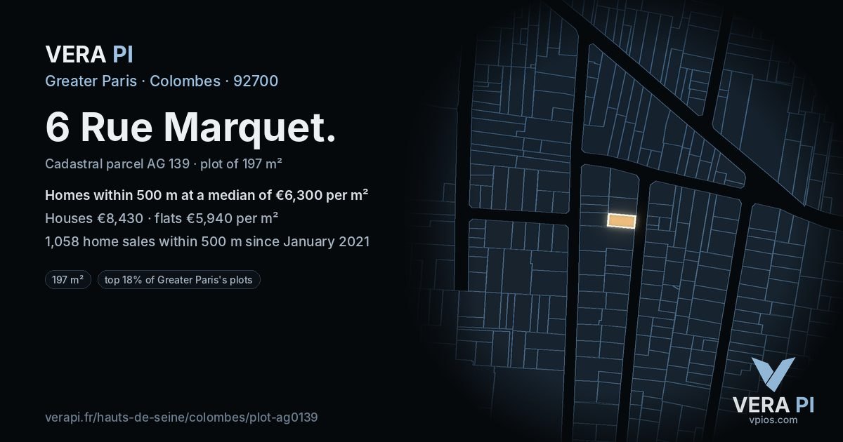 6 Rue Marquet, Colombes at night – the plot lit, the parcels around coloured by the prices near them