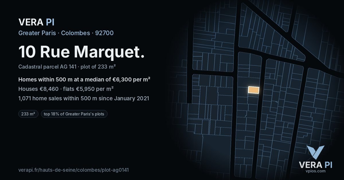 10 Rue Marquet, Colombes at night – the plot lit, the parcels around coloured by the prices near them