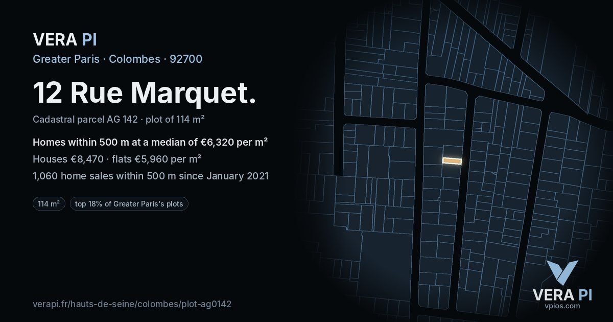 12 Rue Marquet, Colombes at night – the plot lit, the parcels around coloured by the prices near them