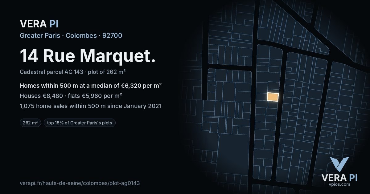 14 Rue Marquet, Colombes at night – the plot lit, the parcels around coloured by the prices near them