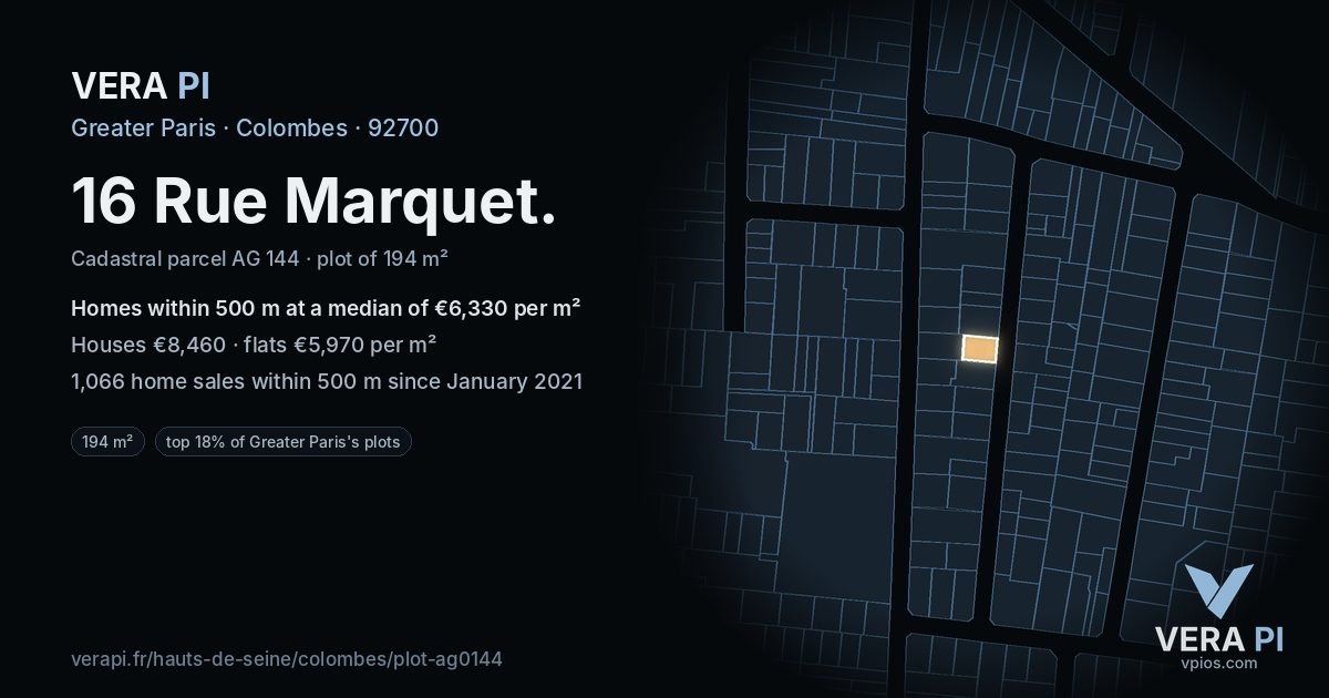 16 Rue Marquet, Colombes at night – the plot lit, the parcels around coloured by the prices near them