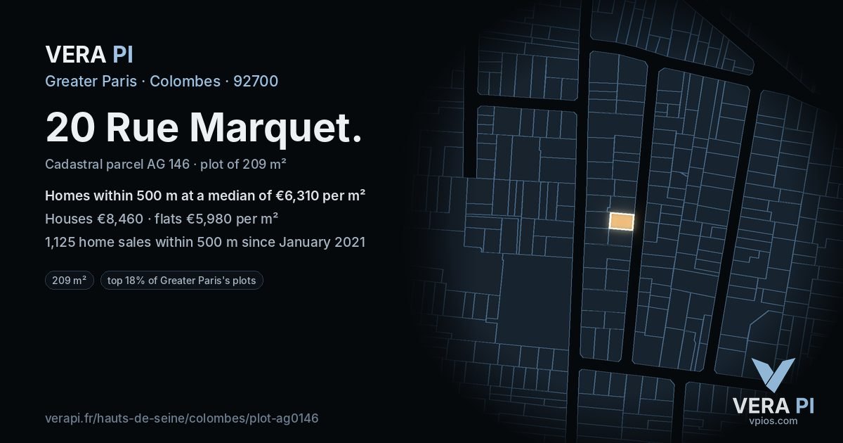 20 Rue Marquet, Colombes at night – the plot lit, the parcels around coloured by the prices near them