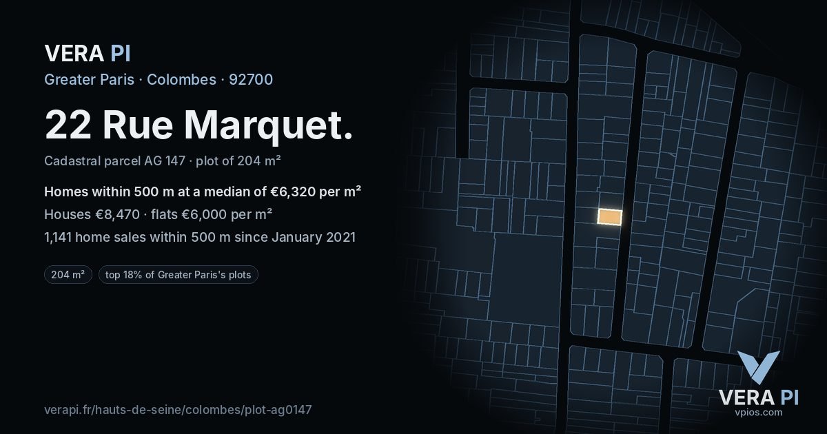 22 Rue Marquet, Colombes at night – the plot lit, the parcels around coloured by the prices near them