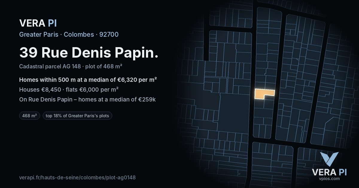 39 Rue Denis Papin, Colombes at night – the plot lit, the parcels around coloured by the prices near them