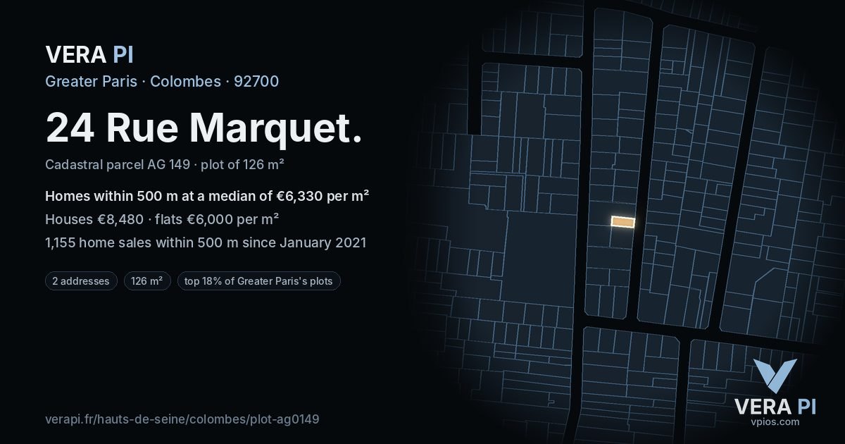 24 Rue Marquet, Colombes at night – the plot lit, the parcels around coloured by the prices near them