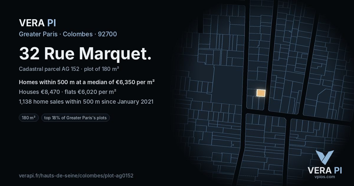 32 Rue Marquet, Colombes at night – the plot lit, the parcels around coloured by the prices near them