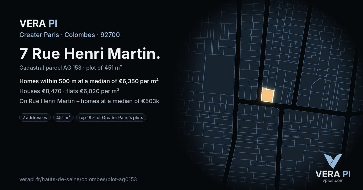 7 Rue Henri Martin, Colombes at night – the plot lit, the parcels around coloured by the prices near them