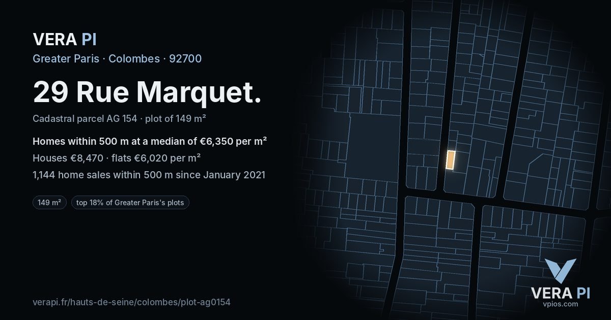 29 Rue Marquet, Colombes at night – the plot lit, the parcels around coloured by the prices near them