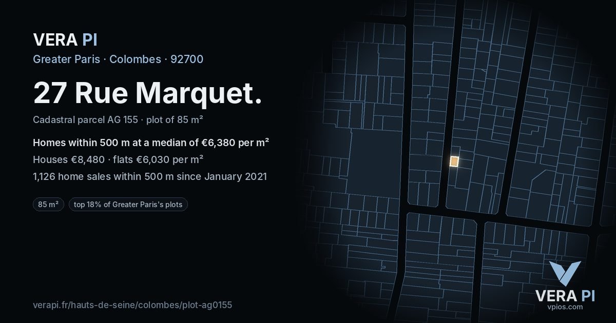 27 Rue Marquet, Colombes at night – the plot lit, the parcels around coloured by the prices near them