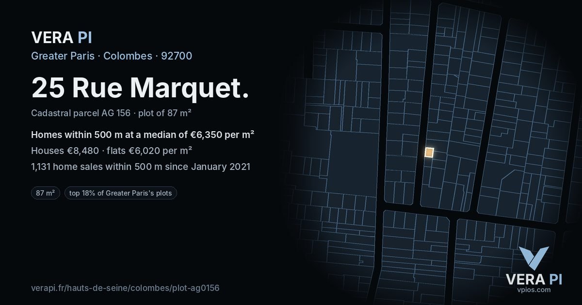 25 Rue Marquet, Colombes at night – the plot lit, the parcels around coloured by the prices near them