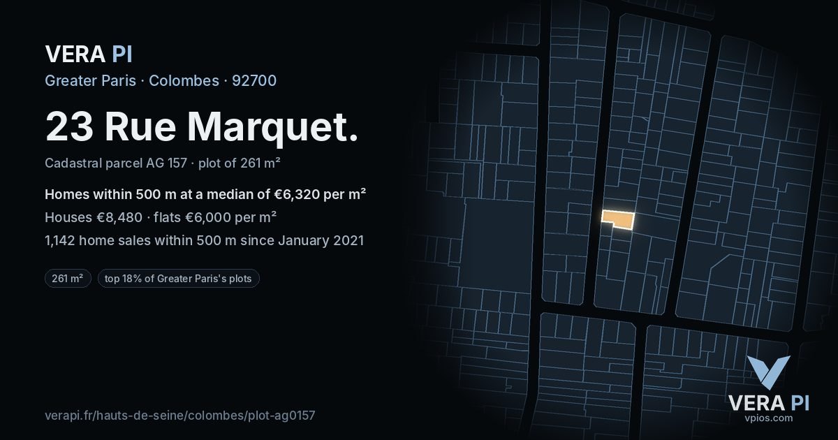 23 Rue Marquet, Colombes at night – the plot lit, the parcels around coloured by the prices near them