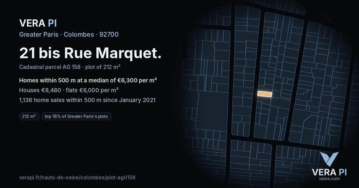 21 bis Rue Marquet, Colombes at night – the plot lit, the parcels around coloured by the prices near them