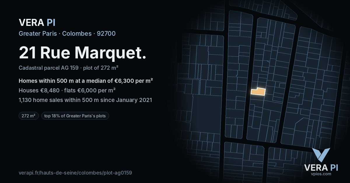 21 Rue Marquet, Colombes at night – the plot lit, the parcels around coloured by the prices near them
