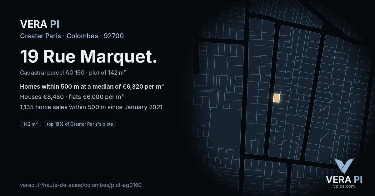 19 Rue Marquet, Colombes at night – the plot lit, the parcels around coloured by the prices near them