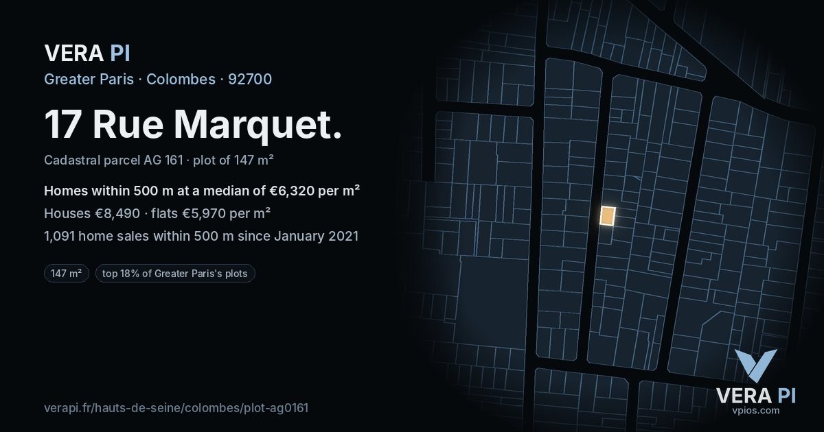 17 Rue Marquet, Colombes at night – the plot lit, the parcels around coloured by the prices near them