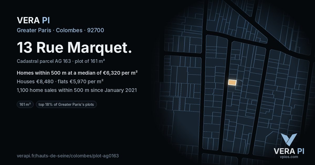 13 Rue Marquet, Colombes at night – the plot lit, the parcels around coloured by the prices near them