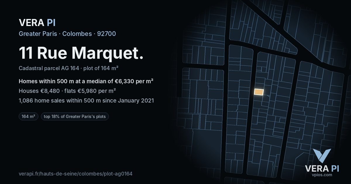 11 Rue Marquet, Colombes at night – the plot lit, the parcels around coloured by the prices near them