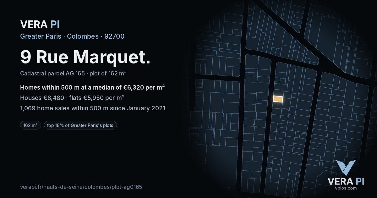 9 Rue Marquet, Colombes at night – the plot lit, the parcels around coloured by the prices near them