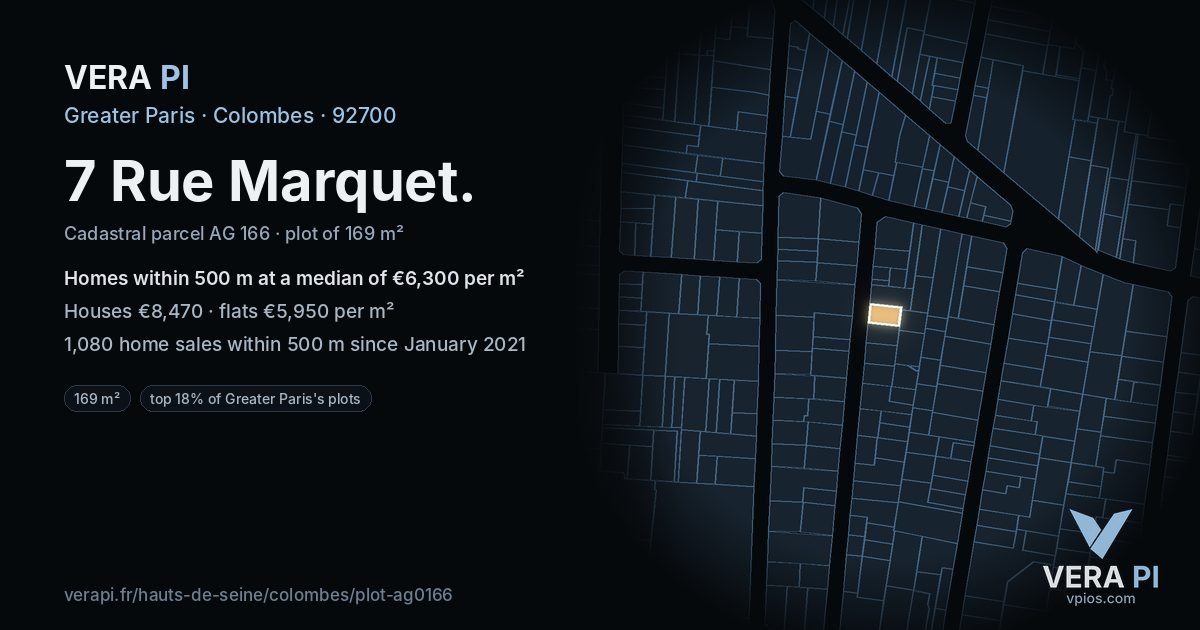 7 Rue Marquet, Colombes at night – the plot lit, the parcels around coloured by the prices near them