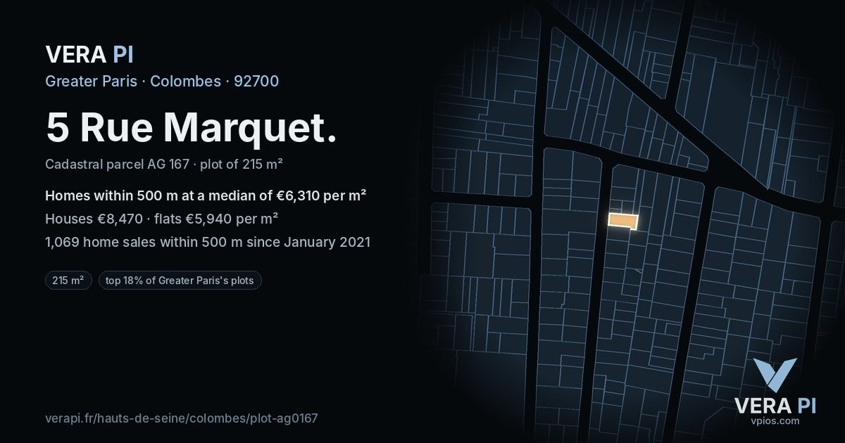 5 Rue Marquet, Colombes at night – the plot lit, the parcels around coloured by the prices near them