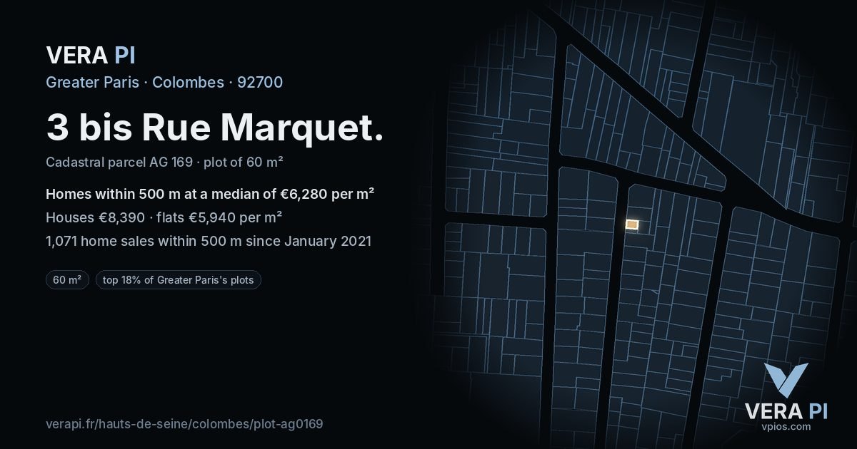 3 bis Rue Marquet, Colombes at night – the plot lit, the parcels around coloured by the prices near them
