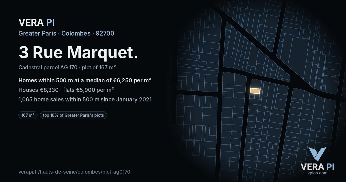 3 Rue Marquet, Colombes at night – the plot lit, the parcels around coloured by the prices near them