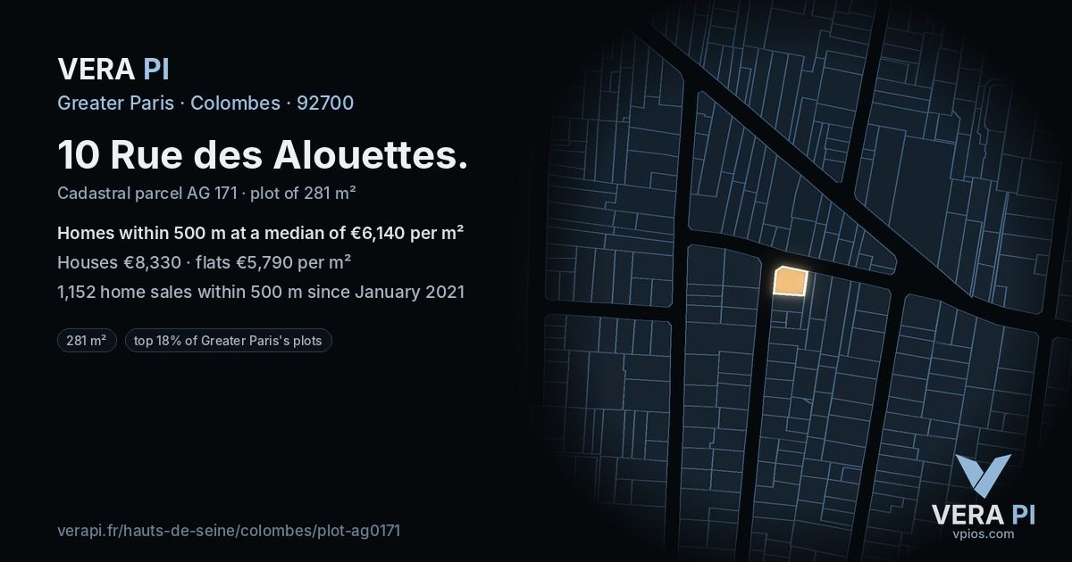 10 Rue des Alouettes, Colombes at night – the plot lit, the parcels around coloured by the prices near them