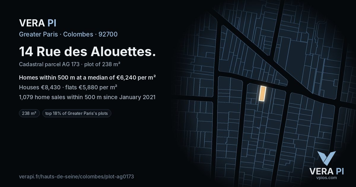 14 Rue des Alouettes, Colombes at night – the plot lit, the parcels around coloured by the prices near them