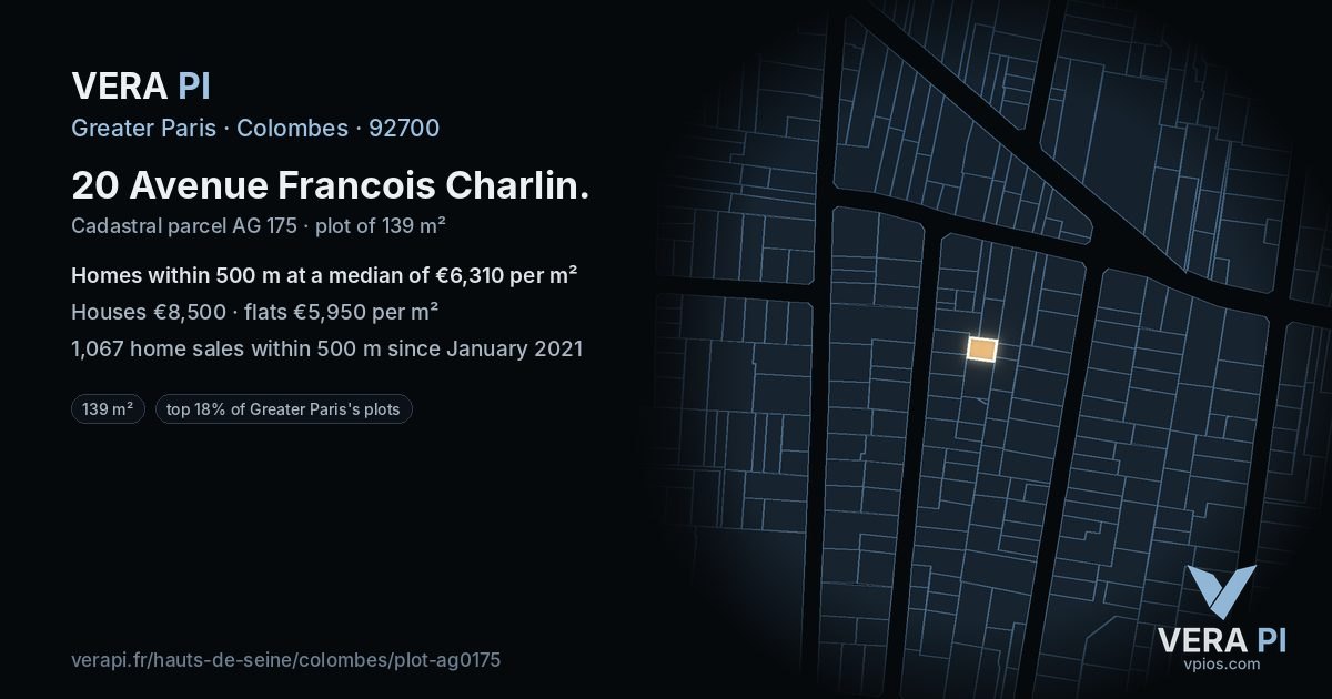 20 Avenue Francois Charlin, Colombes at night – the plot lit, the parcels around coloured by the prices near them