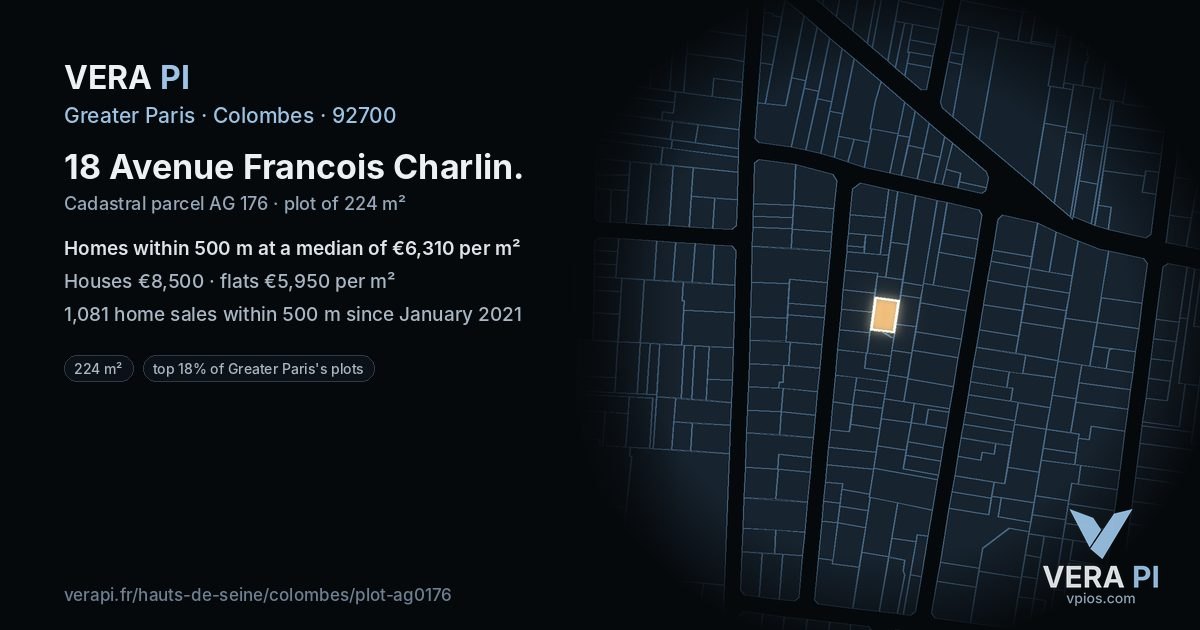 18 Avenue Francois Charlin, Colombes at night – the plot lit, the parcels around coloured by the prices near them