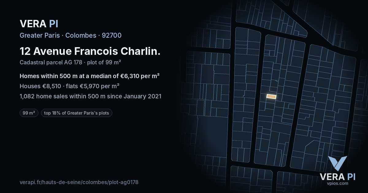 12 Avenue Francois Charlin, Colombes at night – the plot lit, the parcels around coloured by the prices near them