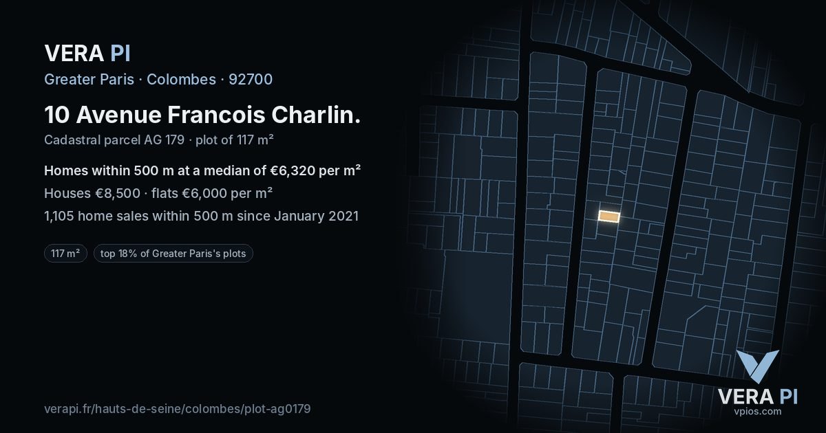 10 Avenue Francois Charlin, Colombes at night – the plot lit, the parcels around coloured by the prices near them