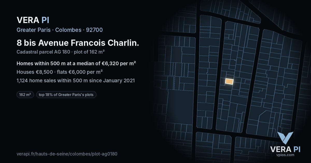 8 bis Avenue Francois Charlin, Colombes at night – the plot lit, the parcels around coloured by the prices near them