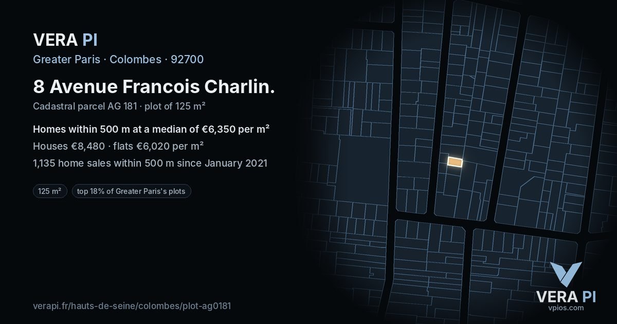 8 Avenue Francois Charlin, Colombes at night – the plot lit, the parcels around coloured by the prices near them